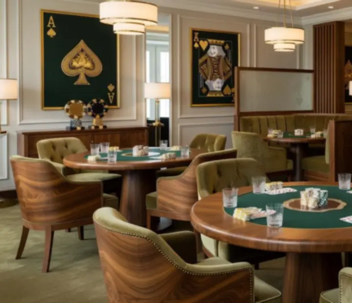 Salón de poker con mesas vestidas en verde, madera noble, luz cálida y detalles de lujo.