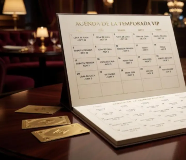 Calendario elegante con fechas resaltadas y fichas de poker sobre una mesa de madera