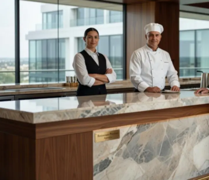 Equipo del lounge sonriendo detrás de la barra en un ambiente cálido y sofisticado