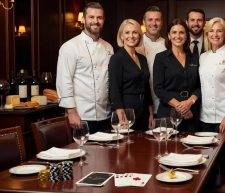Equipo del restaurante y del poker lounge brindando en el salón