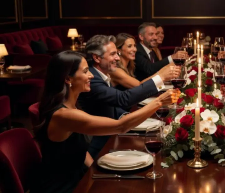Grupo celebrando en un salón privado con mesas de poker y servicio gastronómico exclusivo