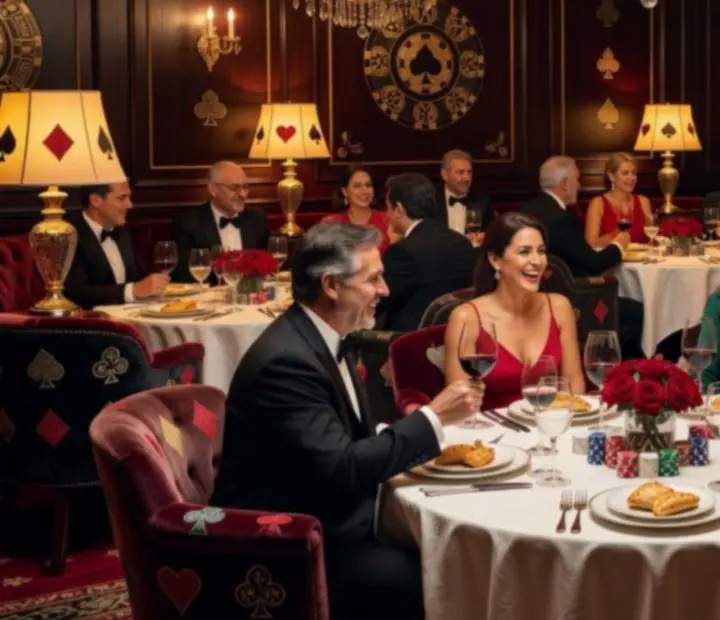Celebración privada en salón elegante con mesas de poker y gastronomía gourmet en Asadoynaipes