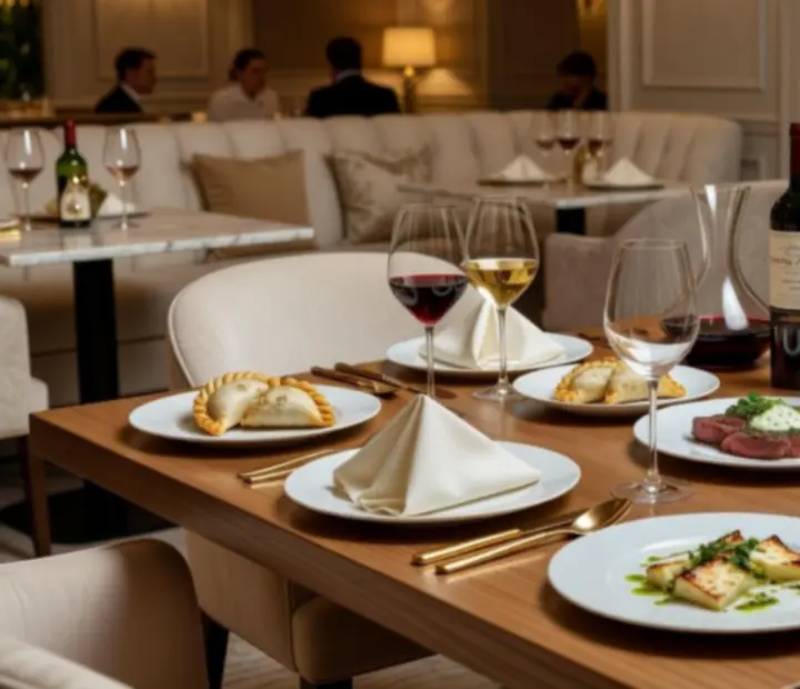 Mesa elegante con platos gourmet argentinos y copas de vino en un entorno de lujo
