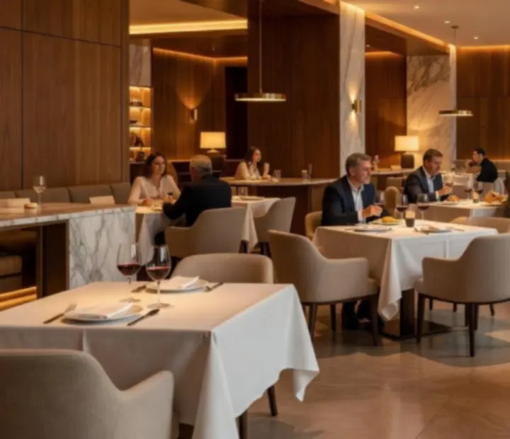 Interior de restaurante de lujo con mesas elegantes, luz cálida y detalles en madera y mármol