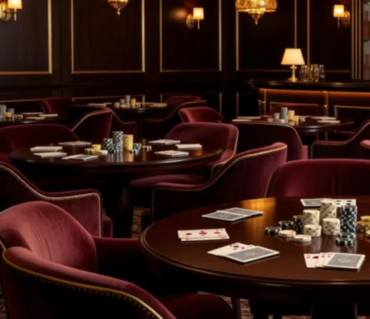 Interior contemporáneo con mesas de restaurante y mesas de poker en un mismo espacio