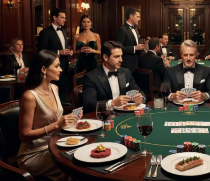 Salón de Asadoynaipes con mesas de poker elegantes, luces cálidas y comensales disfrutando de una noche exclusiva.