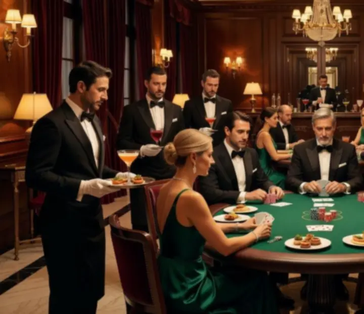 Mesa de poker iluminada con fichas ordenadas y copas de vino en un salón elegante