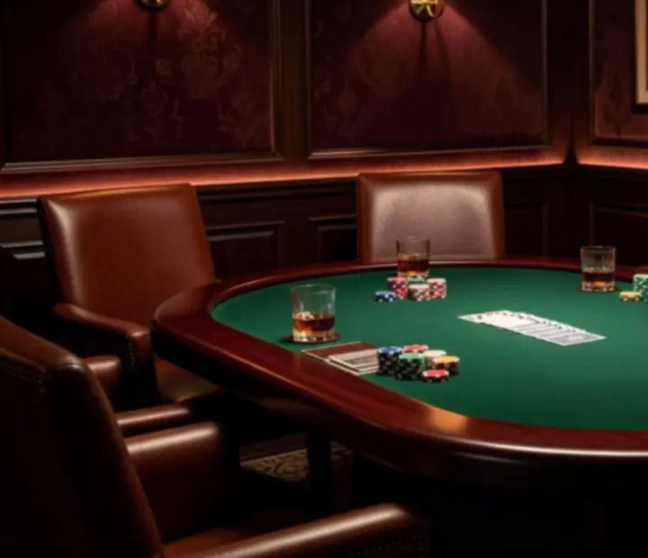 Salón privado de poker VIP con mesas elegantes y luz cálida