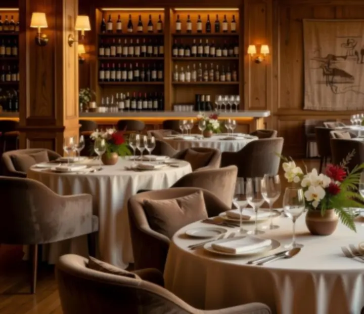Salón sofisticado para eventos con iluminación cálida y detalles inspirados en el poker