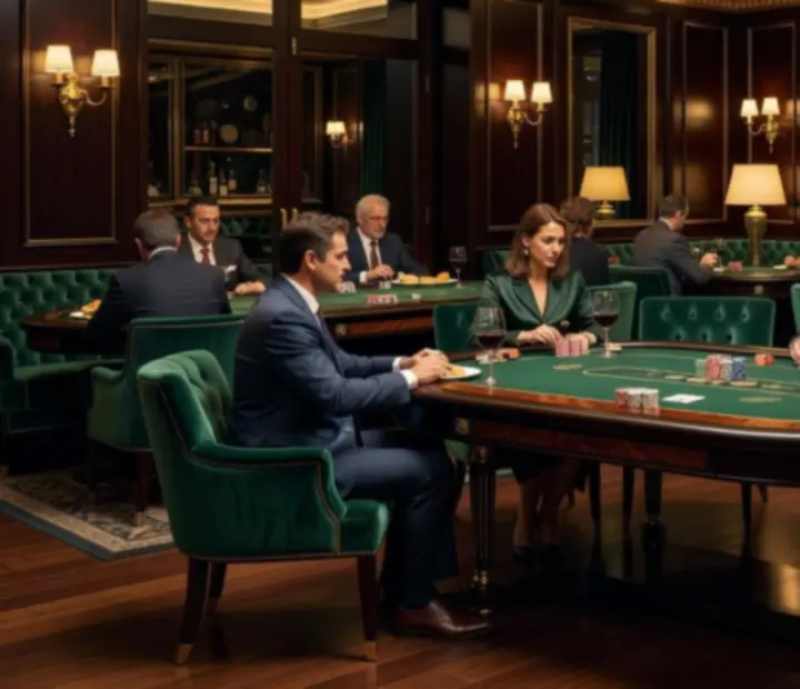 Lounge VIP elegante con mesas de poker y gastronomía gourmet